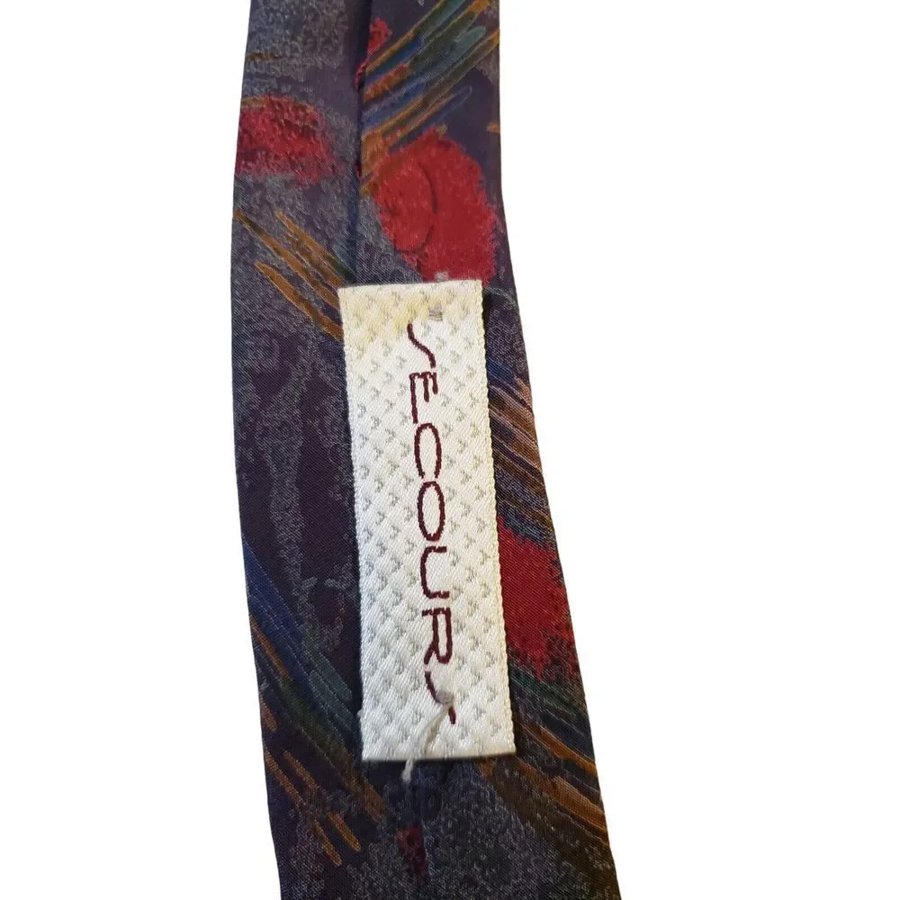Vintage Secours Abstract Multicolor NeckTie 100% Silk Blues and Reds‎